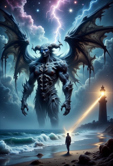 A colossal figure with a kraken head and dark wings strides ominously through a stormy ocean night. A tiny sailor stands frozen on the beach, illuminated by a lighthouse's yellow beam. Lightning splits the sky, revealing a galaxy of stars and a sense of impending terror.