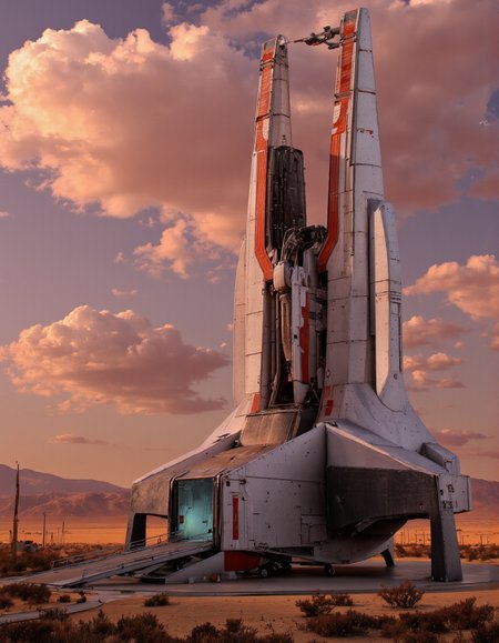 Art by Andrian Luchian. A futuristic, sci-fi spaceship with a sleek, metallic design and red accents, set against a dramatic sunset sky with pink and orange hues. the spaceship is positioned in the center of the image, with a large, open door leading to the cockpit, and a ramp leading up to it. The cockpit has two tall, pointed wings with a red stripe running along the center, and the doors are flanked by two smaller, sleek doors on either side. the spacecraft is situated on a flat, metallic platform with a ramp at the bottom, and there are several other structures visible in the background. the scene is set in a desert-like environment, with sparse vegetation and distant mountains in the distance. the sky is filled with fluffy, orange clouds, adding a sense of depth and atmosphere to the image.