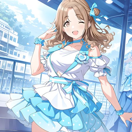 (masterpiece),(best quality),(ultra-detailed),(best illustration),(best shadow),(absurdres),(detailed background),(very aesthetic),
ichikawa_hinana, 1girl, one eye closed, solo, hair bun, single hair bun, brown hair, skirt, single side bun, looking at viewer, ribbon, brown eyes, hair ribbon, long hair, open mouth, white shirt, layered skirt, smile, blue skirt, ;d, short sleeves, shirt, idol, choker, noctchill
<lora:Ichikawa_Hinana:1>