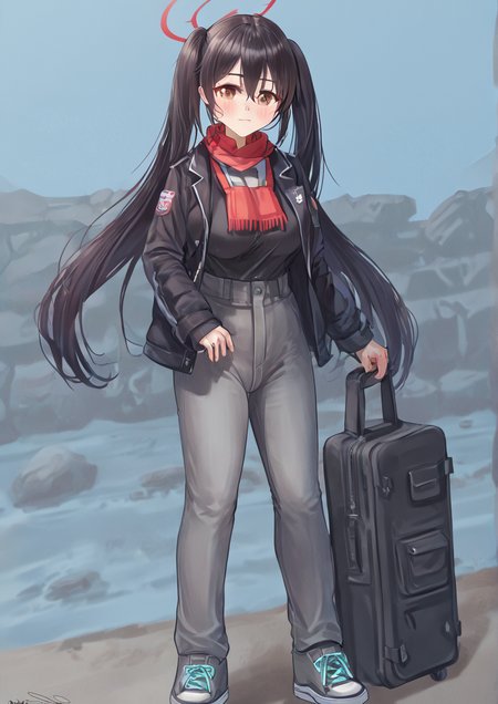 1girl, nakano azusa, huge breast, black hair, black jacket, blue background, blush, border, brown eyes, closed mouth, full body, grey footwear, grey pants, guitar case, hair between eyes, instrument case, jacket, long hair, long sleeves, looking at viewer, outside border, pants, red scarf, scarf, shoelaces, shoes, sleeves past wrists, sneakers, solo, standing, striped, striped scarf, twintails, zPDXL3<lora:solharuu:1>