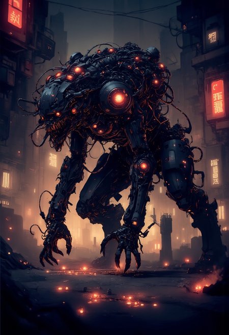 nistyle, monochrome analog Photo, A twisted, biomechanical creature, reminiscent of H.R. Giger's dark, industrial vision, crawls on all fours amidst a hauntingly beautiful and eerie landscape of vibrant neon lights and deep, foreboding shadows. Her body is a grotesque fusion of organic and metallic elements, as if a nightmarish marriage of flesh and machinery has given birth to a being both beautiful and terrifying. The air is heavy with an otherworldly energy, and the neon lights that dance across her twisted form cast an unearthly glow, illuminating the dark recesses of her biomechanical soul. The shadows writhe and twist around her, like living darkness, as she moves with a slow, deliberate grace, her very presence seeming to draw the light out of the world, leaving only an inky blackness that seems to pulse with a malevolent life of its own.hyperdetailed Photorealistic, with bleached vibrant colorful neon color Highlights, grey, red and white color grading.