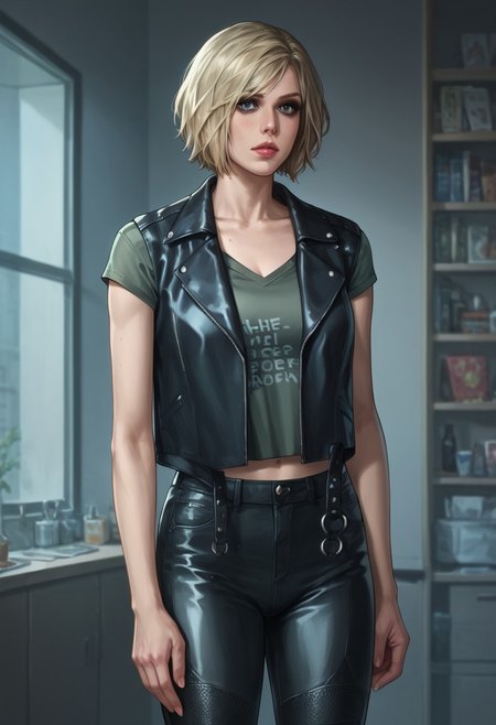 Score_9_up, score_8_up, score_7_up, source_realistic, BREAK 1girl, Januaryvan, blonde, short hair, makeup, print shirt, leather vest, leather pants, Midriff,