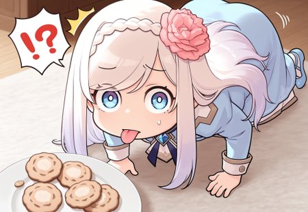 1girl, solo, SSJelly, juusouchan, tongue out, all fours, chibi, (looking at viewer:1.2), ^^^, !?, (o_o:0.7), plate, cookie, masterpiece, best quality, amazing quality,