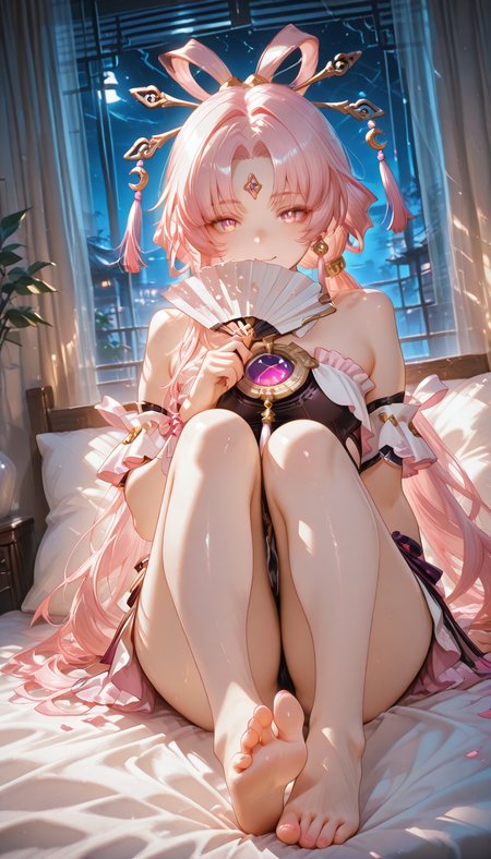 <lora:LCMTurboMix_Euler_A_fix:1> <lora:example_SDXL:0.3>, <lora:Dramatic Lighting Slider:3> <lora:realistic filter [IL]:1>
DSLR,realistic,cosplay photo, (very awa,masterpiece,best quality,year 2024,newest,absurdres,highres:1), realistic,skin texture,facial features, photography shot with Canon EOS 5D Mark IV , realistic, RAW, best quality, masterpiece, amazing quality, skin details,
1girl, highly detailed beautiful face, large natural breasts,
detailed background, shiny skin, dutch angle, night, moonlight,
beautiful detailed eyes, intricate details, absurdres, anime screencap,
 <lora:FuXuan_HonkaiStarRail_ILXL_kill0825:1>
HFuXuan, jewelry, bare shoulders, very long hair, twintails, pink hair, earrings, small breasts, pink eyes, parted bangs, low twintails, pink nails, hair rings, hair stick, forehead jewel, tassel earrings, bow-shaped hair, tassel hair ornament, two-tone eyes,
smile, sitting, full body, thighs, barefoot, indoors, feet, legs, pillow, toes, bare legs, window, on bed, soles, plant, curtains, knees up, toenails, hand fan, toenail polish, foot focus, potted plant, holding fan, vase, convenient leg,  constellation, constellation print