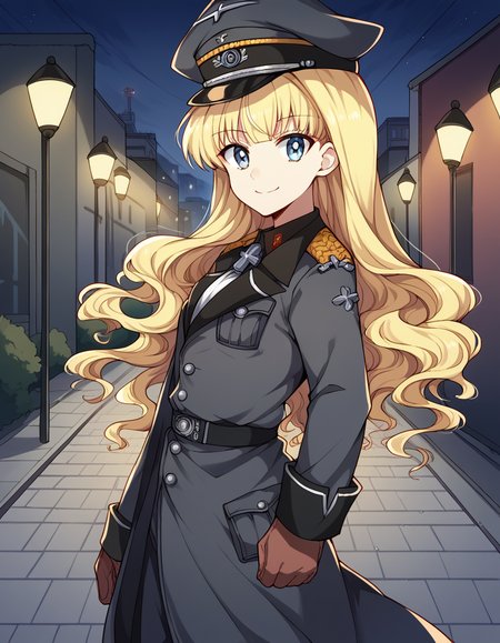score_9, score_8_up, score_7_up, source_anime, <lora:retia-adolf-ponyxl-lora-nochekaiser:1>, retia adolf, blue eyes, blonde hair, wavy hair, bangs,, gloves, hat, military uniform, peaked cap, zettai ryouiki,, city street, evening, streetlights, walking dog, quiet neighborhood, gentle breeze, , looking at viewer, smile, from side, solo,, cowboy shot, dutch angle