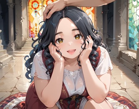 PonyScores7, source_anime, ah1, IllustriousQual, <lora:natsumi_style:0.5>, <lora:by_usakun-pony:0.4> by usakun, <lora:Akina_Bbw_Style_-_PonyXL:0.2> AkinBw
BREAK (head out of frame)
BREAK 1girl, mature female, (round face:1.2), (thick eyebrows:1.3), (curvy), round-chin, caucasian, (plump face), <lora:Round_face:0.2>, <lora:ETO_OCPonyXL:0.3> eto_oc, skindentation, (plump), thick thighs, wide hips, busty, voluptuous, lips, <lora:venus body PonyXL:0.3>, <lora:shinyskin2:0.2> glistening skin
BREAK  (((curly hair), long hair, (black hair:1.4), (parted hair:1.7), messy hair, kinky curls, <lora:hairdetailpxl:0.2> hairdetailpxl))
BREAK ((brown eyes), (colorful eyes), (multicolored eyes), (downturned eyes:1.4), <lora:expressive eyes:0.2> expressive eyes, <lora:eyedetailpxl:0.2> eyedetailpxl, <lora:Eyes_High_Definition:0.2> EyesHD)
BREAK ((laugh,  <lora:Expressive_H:0.2> Expressiveh, <lora:Emotional_Anime_Expressions_PonyXL_Concept:0.2> emotional, <lora:Best_Facial_Expression_LoRA_PONY:0.2>, looking at viewer, <lora:Detailed expressive EXEV style -XL Pony V1.0:0.2> FaceDetail))
BREAK ((she kneels beside her fallen comrade, her hands cradling the man's head, her eyes locked on her face, her expression a mask of calm concern, The other men gather around, their faces somber, as she speaks softly, her words a gentle reassurance, her touch a comforting presence))
BREAK dark liver (horses) explorer, mapping unknown territories to expand the knowledge of the world
BREAK (((ancient abandoned castle ruins, Weathered Chapel, A weathered chapel with cracked stained glass windows and a small altar draped in tattered cloth, The light filtering through the glass casts colorful patterns on the stone floor, creating an ethereal and peaceful atmosphere)))
BREAK <lora:xl_more_art-full_v1:0.2>, <lora:aesthetic_anime_v1s:0.2>, <lora:EpicF4nta5yXL:0.2>, <lora:detailxl:0.2> detailxl, <lora:Fant5yP0ny:0.2>, best quality, amazing quality, best aesthetic, absurdres, illustration, Volumetric_Lighting, ultra-detailed, very aesthetic, intricate details, 8k, masterpiece, best_quality
BREAK Stable_Yogis_PDXL_Positives, AS-Adult, <lora:Complicated fantasy portrait - XL Pony V2.0:0.2>, bad-hands-5, <lora:HDA_Detailer:0.3>, HDA_FatGirlXL