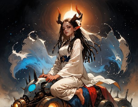 score_9, score_8_up, score_7_up, score_6_up, score_5_up, score_4_up,   female priestess, (full body:1.1), cel-shading, backlit, delicate features, very long hair, (dreadlocks), riding a mechanical wolf, medium breasts, horns, cyborg, pointy elf ears, multiple ear piercings, black background, techwear, large horns, dynamic pose, freckles, light blue outfit, blue glowing machine parts, hair oranments, smug, seductive smile, from behind, looking over shoulder, battle armour, chestplate, japanese dress