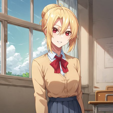 score_9, score_8_up, score_7_up, source_anime, angelica, blonde hair, single hair bun, red eyes, school uniform, pleated skirt, classroom, window, clear sky, clouds, smile, parted lips, looking at viewer, cowboy shot, dutch angle, solo,
