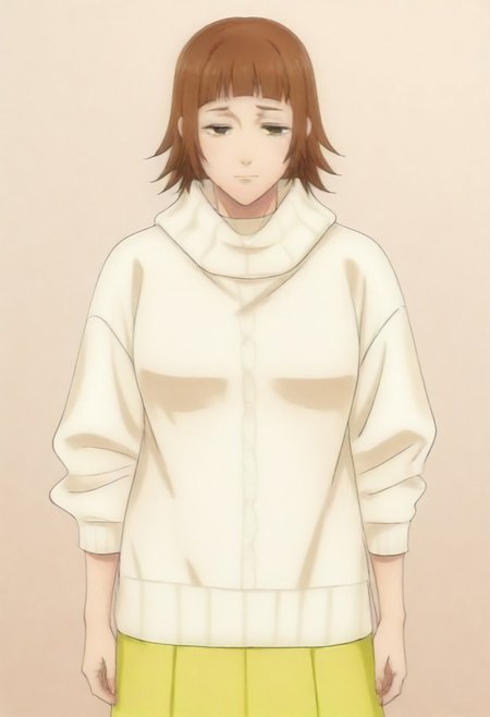 masterpiece, best quality, amazing quality,,, shiny skin,,,,,,,,yuozawa, brown_eyes, brown_hair, short_hair, blunt_bangs,, turtleneck, white_sweater, long_skirt, yellow_skirt,
