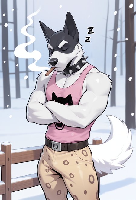 masterpiece,best quality,amazing quality, 1boy, solo,  d0gg0, furry male, black mask, dog_treat, smoking, brown belt, graphic on shirt, leopard pants, pink tank top, spiked collar, white tail, standing, eyes closed, closed eyes, arms folded, zzz, 

snowing, outside, wooden bar,