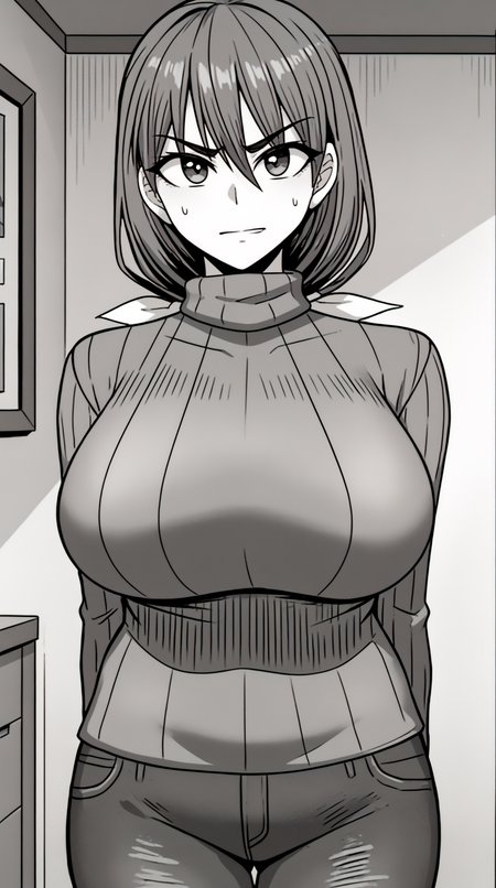 score_9, score_8_up, score_7_up, best background, detailed background, 4k, upscale, monochrome, greyscale,  Ayami, solo, looking at viewer, ribbon, standing, cowboy shot, pants, sweatdrop, sweater, turtleneck, arms behind back, denim, ribbed sweater, turtleneck sweater, jeans, indoors,  <lora:JN_Ayami_Pony:0.8>