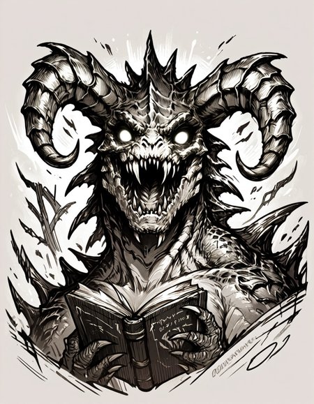 score_9, score_8_up, score_7_up,  <lora:Messy Sketch Style:1>,  monochrome, comic book covere, deathclaw, scales, horns fangs, glowing eyes,
