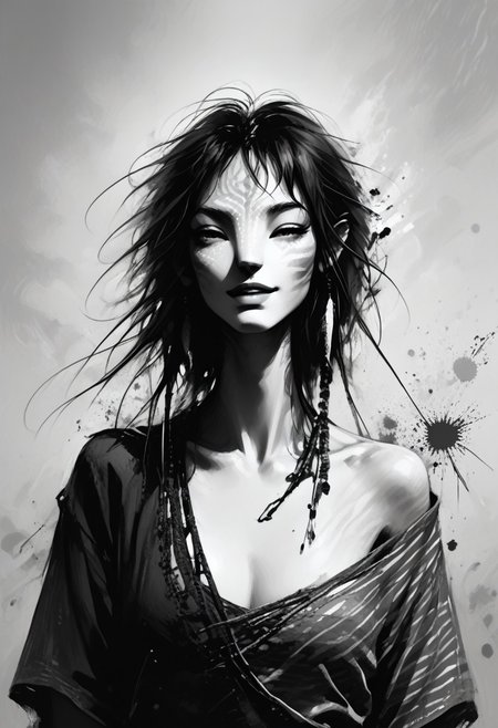score_9, score_8_up, score_7_up, source_anime, monochromemuse, Expressiveh, monochrome, greyscale, ink splatter, Avatar navi alien with white skin and black stripes, primitive revealing tunic, off shoulder, cleavage, parted lips, light smile, blue lipstick,