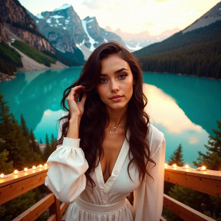 woman with soft, wavy dark hair and a luminous complexion stands at the top of a wooden staircase adorned with glowing string lights. Her delicate features are bathed in golden sunlight, highlighting her serene expression as she gazes past the viewer. Behind her, the staircase descends toward a breathtaking turquoise lake surrounded by majestic mountains. The pastel hues of the evening sky create a dreamy ambiance, with reflections of the rugged peaks shimmering in the tranquil water. She seems ethereal, as though a part of the natural beauty surrounding her.
With hands in her hair: Tousling it gently, caught mid-motion.












