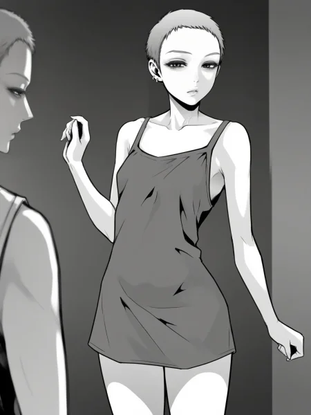 masterpiece, best quality,amazing quality, solo female, solo focus,
 <lora:futari_switch_Manga_Character_1_Illustrious:1>,[futari_switch]_manga_character_1, monochrome, greyscale, , very short hair, buzz cut, eyelashes, earrings, jewelry, tomboy, 1girl, standing, looking at viewer,