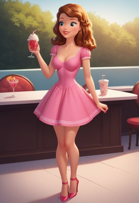 score_9, score_8_up, score_7_up, masterpiece, best quality, expressive, 1girl,young woman, indoor, cafe, date, sofia_the_first, brown hair, blue eyes,louboutin stiletto shoes, pink dress,minidress, large breasts,huge cleavage,happy , sexy pose, provocative, 1boy,adult man,boy_ kiss_ girl, grab her breasts,