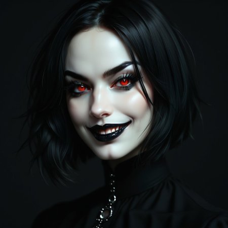 portrait of girl, purple and black hair, bob haircut, black background, black lipstick, vampire girl, dark makeup, long eyelashes, high contrast, vibrant color palette, red eyes, black clothes, detailed face, sharp details, realistic digital painting, evil grin