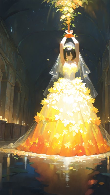 masterpiece, newest,absurdres,incredibly absurdres, best quality, amazing quality, very aesthetic, impressionism, painterly,
1woman, bride, glowing dress, bound torso, 
 <lora:KonYa666:1> kony4666