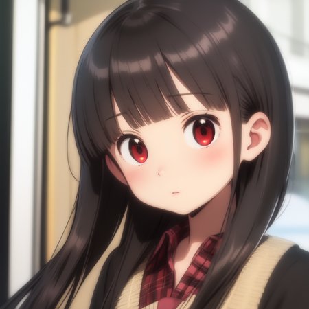 best quality, masterpiece, black hair, red eyes,  upper body, street