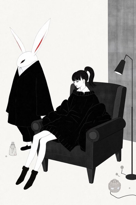 kchiba1 illustration. 
A young woman with dark hair styled in a high ponytail sits on a dark, modernist armchair. She is dressed in a loose, oversized black sweater and dark pants, with her legs crossed casually. On the left, there is a large anthropomorphic rabbit wearing black clothing standing beside the sofa. <lora:kchiba1_cap_d6a3:1.0><lora:837658080591392177:0>