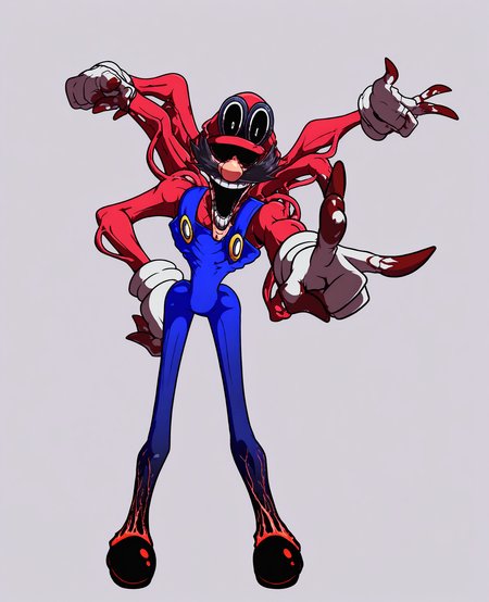 <lora:ultraM_Illustrious-20:1.0>, masterpiece, best quality, score_9, score_8_up, score_7_up, 1boy, solo, ultra m, hat, facial hair, black sclera, white pupils, white gloves, gloves, overalls, pose, full body, multiple arms, looking at viewer, light gray background, simple background