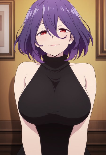 1girl,solo,mm,mature female,short hair,purple hair,red eyes,hair between eyes,large breasts,anime coloring,
sleeveless,bare shoulders,black dress,backless dress,turtleneck,looking at viewer, smile,upper body, indoors,straight-on, 
,masterpiece,best quality,amazing quality,<lora:Vermeil-Kinsou_no_Vermeil:0.8>