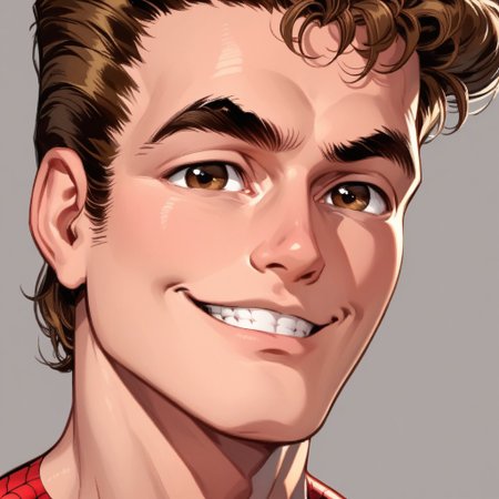 score_9,score_8_up,score_7_up,solo, 1boy, , spider-man,male focus, bodysuit,  red bodysuit, superhero,,brown hair,thick eyebrows,smile,brown eyes