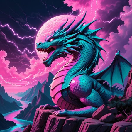 synthworld, dragon made of vaporwave, standing on cliff, roaring, thunder sky,