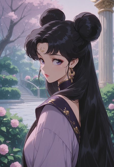 vntg2, vntg2, 1girl, solo, long hair, earrings, black hair, jewelry, facial mark, hair bun, double bun, bush, flower, crescent, crescent facial mark, forehead mark, looking at viewer, crescent earrings, outdoors, pink flower, purple eyes, looking back, pillar, piercing, upper body, garden, parted bangs, detailed lighting, masterpiece, best quality, (ultra-detailed), very aesthetic, beautifully drawn, elegantly detailed, newest, 8k, latest, vntg2, <lora:627b9559-11aa-4715-9edc-2ebc9fd63161:0.9>