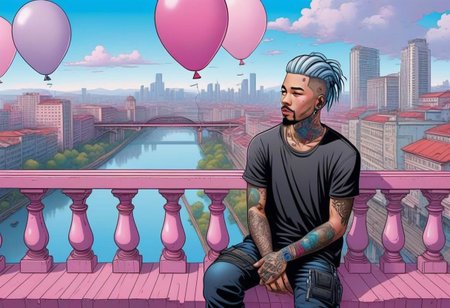 anime, a man with tattoos on his face rested on the railing of a bridge, city day, holiday, pink and blue balloons, a bridge with wooden columns and arches, a wooden floor ,(((light silver hair))), dense pink city background, day, tall buildings, cyberpunk, cyberpunk art, retrofuturism<lora:Cyberpunk _Anime_sdxl:1.0>, vfx environment, ambient occlusion, highlights, corect eyes, black jacket with bedding,(((high - rise buildings)))
