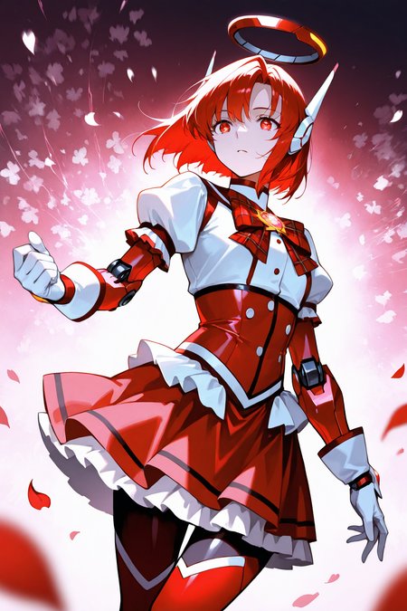 magical girl outfit, Jed-rbt, magical girl, 1girl, dynamic angle, score_9, score_8_up, score_7_up,source_anime, RED hair, magical girl made of silver and red glow, head gear, robot ears, bright red energy, cyborg girl, white gloves, mechanical arm, buttons, skirt, plaid bow, mechanical halo, Depth of field, cinematic shadows, sharp focus, dynamic lighting, star, [(bloom background:1.2)::0.2], (petal background:1.2), masterpiece,best quality,amazing quality,very aesthetic,absurdres,newest,detailed eyes, <lora:magical-girl-outfit-il-01:1> <lora:RoboStyle:1>