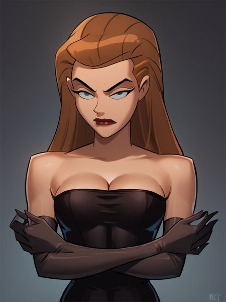 score_7_up, score_8_up, score_9, masterpiece, perfect face, perfect hands, high quality, source_anime, (1girl, solo,) <lora:Mercy_Graves_-_Justice_League_DC:1> mercygraves, brown hair, long hair, black micro dress, strapless, bare shoulders, cleavage, black elbow gloves,
