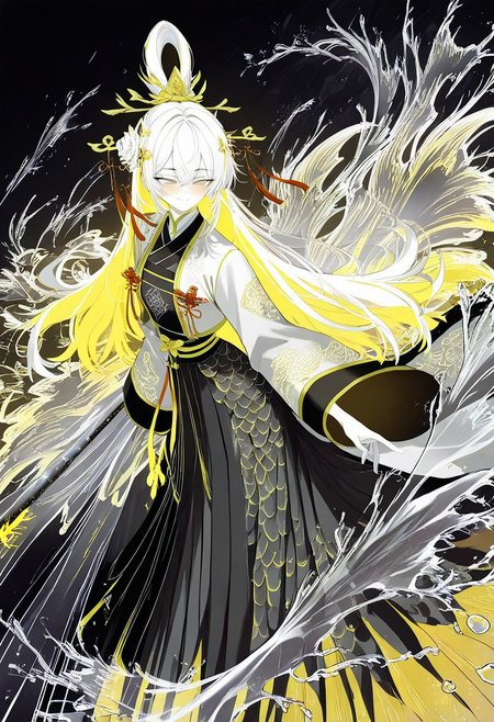 score_9, score_8_up, score_7_up, 1girl, solo, masterpiece-level, highly detailed, anime-style, solo female character, glowing white eyes, white eyeliner, white eyeshadow, long white hair, glowing streaked hair, glowing inner hair, long eyelashes, half-closed eyes, serene smile, blush, hanfu, dragon skirt, Chinese clothes, transparent elements, tassels, Chinese knots, gold trim, draped silk, Chinese sword, kanzashi, hair flowers, dynamic angle, scattered leaves, flying  water splashes, aqua tones, yellow tones, limited palette,