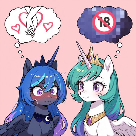 masterpiece, best quality, amazing quality, very aesthetic, absurdres, newest, duo, multiple_persons, pony, mare, Princess Luna, Princess Luna is an alicorn, her body is the dark blue of the night sky,  Her mane and tail are long and wavy, Her eyes are green,  She wears a crescent-shaped ornament on her neck, and a crown on her head, princess celestia, alicorn, pony, white fur, horn, feathered wings, multicolored hair, purple eyes, another_ship_dynamic_i_enjoy_(meme), blush, smile, simple background, 2girls, heart, censored, mosaic censoring, thought bubble,