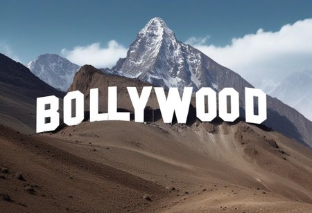 Create a highly realistic image of a mountain landscape, similar to the iconic Bollywood sign, but instead of 'Bollywood,' it says 'Bollywood' in large, bold white letters. hyper realistic with imperfections