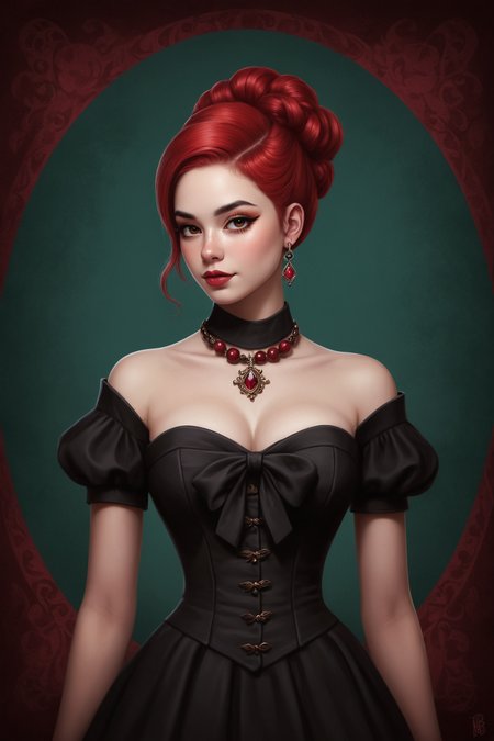 digital painting by Casey Baughand Stephen Wilkesand Bess Hamiti in the style of Mab Graves of a cute fit 18 year old model, cinematic fashion shot, cleavage <lora:EnvyStudioPortraitXL01:0.35>