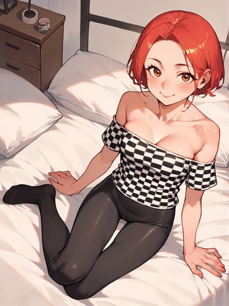 score_8_up, score_7_up, score_6_up, source_anime, 1girl, solo, bedroom, sitting, from above
smile, 
checkered top, strapless  <lora:Checkered_Top:1>
leggings