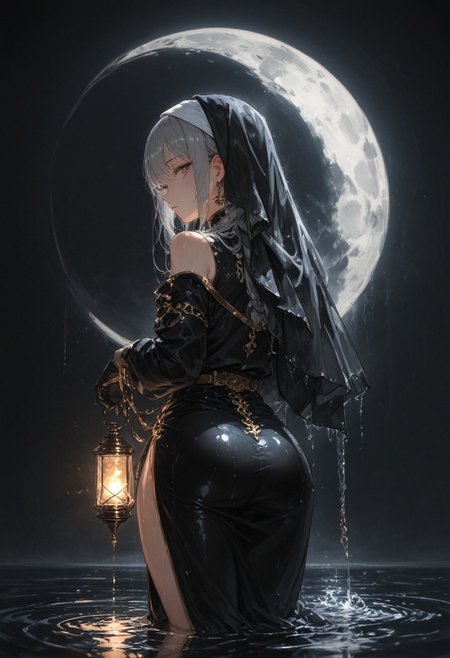 best quality, amazing quality, very  esthetic, newest, scenery, high-resolution, masterpiece,
1girl, solemn, confident, look back ,solo ,silver hair, braided hair, habit, black uniform, wet body ,open shoulder, high slit,  ,golden trimmed, earrings, jewelry, holding lantern ,gloves,
 dark background , water, moon light, reflection.
