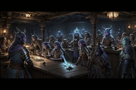 (Everyone looking at camera  making a ral-drp face) +++. A whimsical war brewing in a well lit brightly colored High resolution 8K Fujifilm photograph professionally staged, professional lighting, panoramic view <lora:Fantasy_ClassesXL:1> <lora:Fantasy:0.8> <lora:Fantasy_Races_XL:1> (2 large tiefling  sorcerer  ral-drp at 1 timid blue dragonborn  artificer)+++(1goblin barbarian makes   ral-drp faces at 1 firbolg monk)++, (1water genasi Paladin  dancing with  ral-drp face 1halfling warrior)++ (1 shifter attends the counter in the tavern) <lora:DonMD34thM4g1cXL_v3.0:0.8> DonMD34thM4g1cXL <lora:ral-drp:0.8> ral-drp
