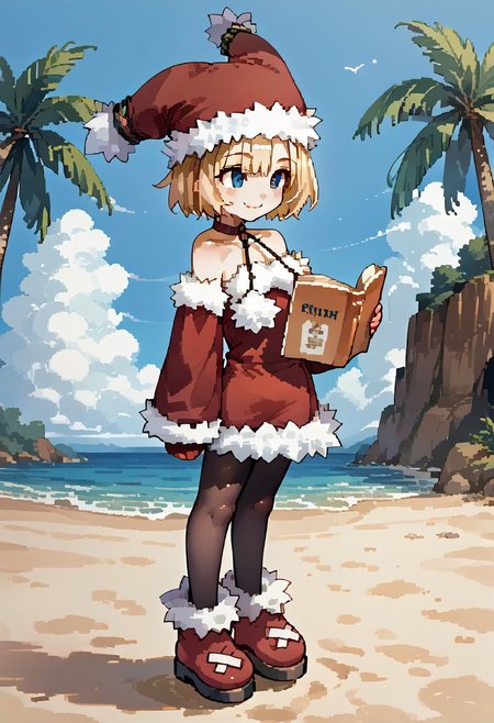 score_9, score_8_up, score_7_up,s, source_anime,zPDXL3,
BREAK 
1girl_Witch,blonde hair,
fur-trimmed sleeves, hat, pantyhose, fur-trimmed dress, fur-trimmed red clothes, fur-trimmed headwear, fur-trimmed boots , red footwear, bare shoulders, pom pom \(clothes\), choker, detached sleeves,
smile,
closed mouth,
BREAK 
soro,
(holding book,huge book),
Pixel_Art,
shiny skin, shiny, oily skin, oily face,shiny face, 
beach,palm tree,
extremely detailed , detailed background,
from side,