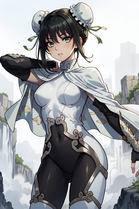 (masterpiece, best quality),  intricate details,
1girl,  <lora:qin liangyuV1:0.8> qin liangyu, bun cover, double bun, green ribbon, green eyes, black hair, short hair, sidelocks, bodysuit,  white cape, fingerless gloves,