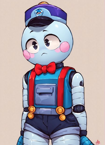 score_9, score_8_up, score_7_up,  <lora:bslou:1>bslou   , 1 girl  , hat , robot,  red  suspenders,  blue body , blush stickers,  red bowtie , black minishorts ,  bare shoulders,