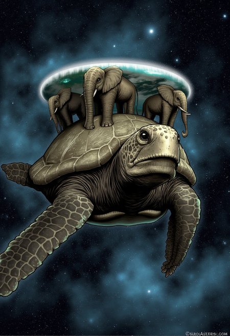 The Great A'Tuin is an immense, cosmic turtle swimming through the infinite void of space. Its massive, ancient shell is covered in craters and ridges, some glowing faintly with the light of distant stars. On top of its back, four colossal elephants stand tall, arranged in a circle at 90 degrees to each other,  supporting the vast, isometric disc-shaped world of Discworld on their broad shoulders. The turtle's leathery skin glistens faintly in the starlight, its large, serene eyes staring forward as it moves slowly through the galaxies. Below its enormous flippers, stars and nebulae swirl, creating an awe-inspiring contrast of size and serenity. A'Tuin's age is suggested by the weathering on its shell and the deep, wise expression in its ancient gaze. The entire scene feels both fantastical and majestic, with a sense of cosmic purpose and grand mythology.