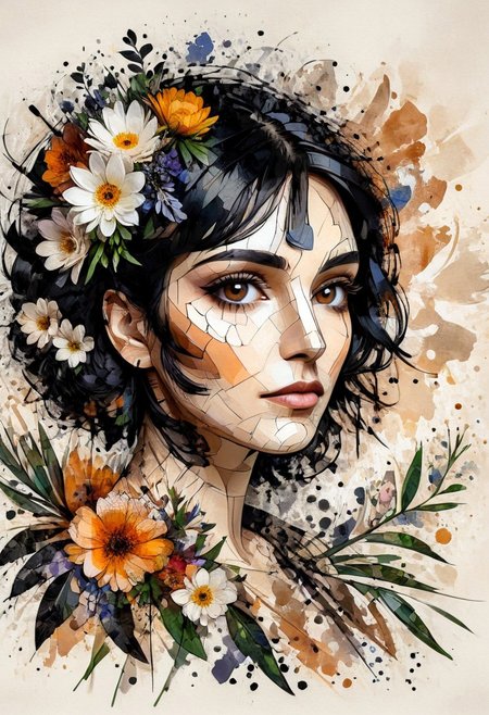 InkMosaic, a portrait of a woman with flowers in her black hair, brown eyes