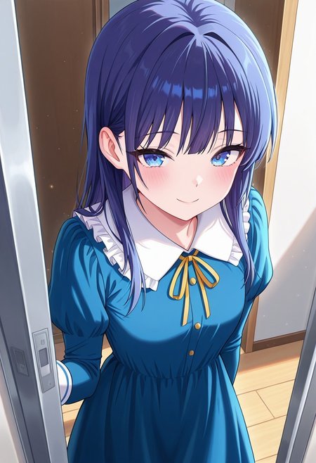 (absurdres, best quality, masterpiece:1.4), amazing quality, highres, newest, detailed, detailed body, detailed face, beautiful, petite, 
BREAK
WWNemu, 1girl, solo, standing, smile, NemuMang, manga illustration, blue dress, white frill collar, neck ribbon