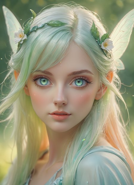 ultra realistic photography, Vasya Lozhkin style, very cute fairy, detailed face facing the camera, iridescent eyes, hyper realistic, photography by Peter Mohrbacher, light blue, light green, peach, cream, pastel background with pastel bokeh, Miki Asai Macro photography, close-up, hyper detail, artstation trends, sharp focus, studio photography, intricate detail, high detail, by Peter Mohrbacher,<lora:sss:0.8>, subsurface scattering, Photorealistic, Hyperrealistic, analog style, realistic, film photography, soft lighting, heavy shadow