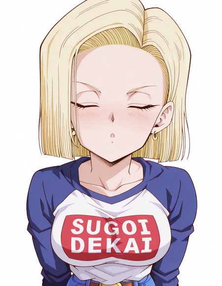 masterpiece, best quality, amazing quality,, <lora:android-18-anime-illustriousxl-lora-nochekaiser:1>, android 18, blonde hair, blue eyes, eyelashes, hoop earrings, short hair, earrings, mature female, medium breasts, anime screencap, <lora:sugoi-dekai-illustriousxl-lora-nochekaiser:1>, sugoi dekai, clothes writing, raglan sleeves, t-shirt, denim, denim skirt,, <lora:incoming-kiss-illustriousxl-lora-nochekaiser:1>, incoming kiss, closed eyes, blush, pov, upper body, shouting, , <lora:transparent-background-illustriousxl-lora-nochekaiser:1>, transparent background, simple background, white background, ,