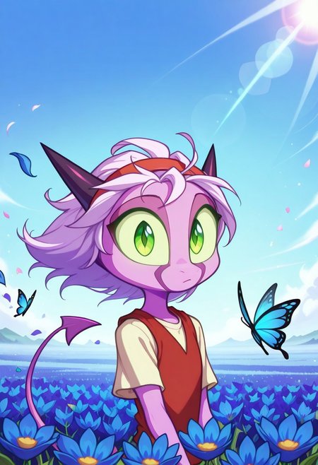 Dreamkeepers,1girl,Prelude_Namah,solo,demon tail, green eyes, horns, 
child,
masterpiece, best quality, good quality, very awa, newest, highres, absurdres, 
looking at viewer, floating hair, Main Outfit, red hairband, red vest,shirt, short sleeves, outdoors, sky, day, blue sky, petals, wind, butterfly, blue flower, falling petals, field, flower field, blue butterfly,
upper body, Lens Flare,Bright And Sunny Lighting,