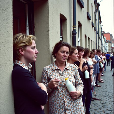 crowded row of women, lonely, housewife outside each front door, clutching empty glass-milkbottles to their hearts, crowd, terrace row,
urban color photograph 35mm camera,
In a town called Malice