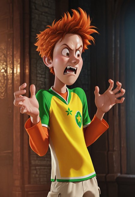 masterpiece, best quality, amazing quality, detailed background, intricate details, dynamic, cinematic, animated, anime realistic shading, solo, male focus, 1boy, handsome, tall, j0hnny, ginger hair, brown eyes, yellow and green t-shirt, orange shirt, light brown cargo shorts, green and blue sneakers, hands up, angry expression, fangs, abstract background, cowboy shot